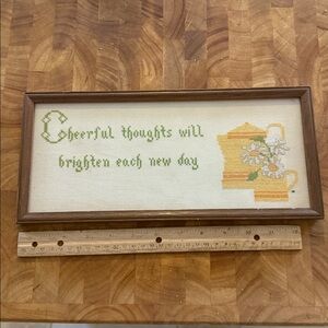 Framed Cross-Stitch Art with Yellow Teapot Design 13x6” with thin wood frame